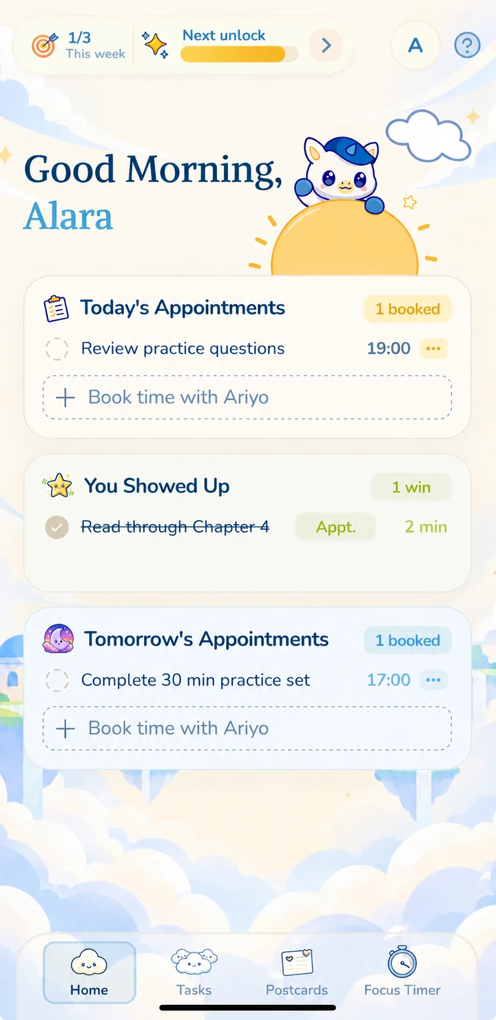 Ariyo home screen with today's appointments